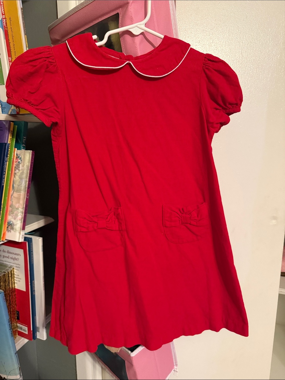 Girls' Red Peter Pan Collar Casual Dress with Bow Pockets corduroy
